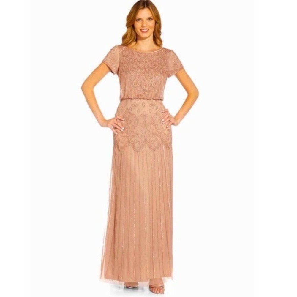Adrianna Papell Beaded Blouson Short Sleeve Gown Dress Rose Pink SZ 8